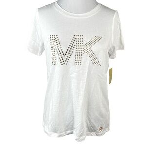 NWT Women's Michael Kors White T-shirt Gold Bling MK Logo Stud 1X